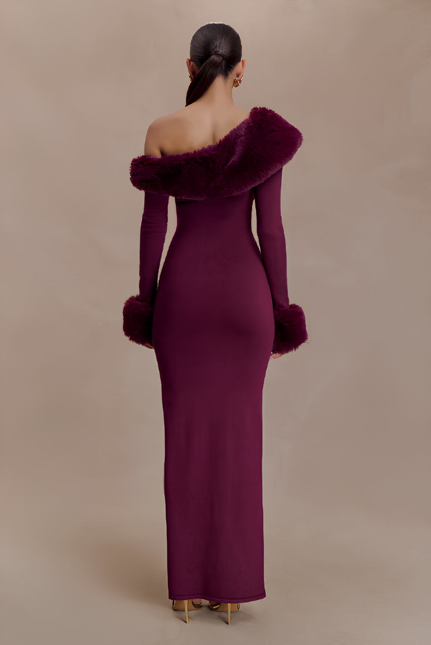 AUREVA | Elegant Maxi Dress With Faux Fur Details