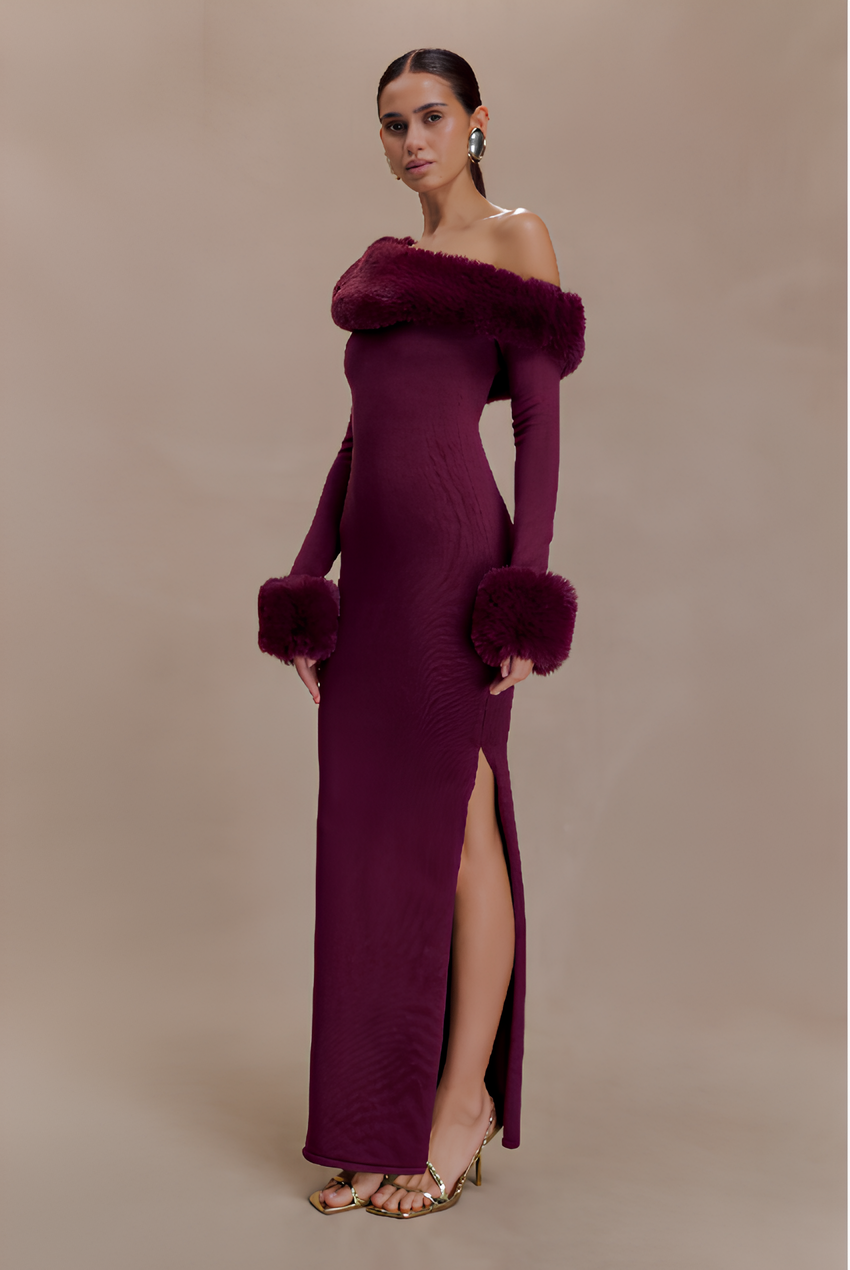 AUREVA | Elegant Maxi Dress With Faux Fur Details