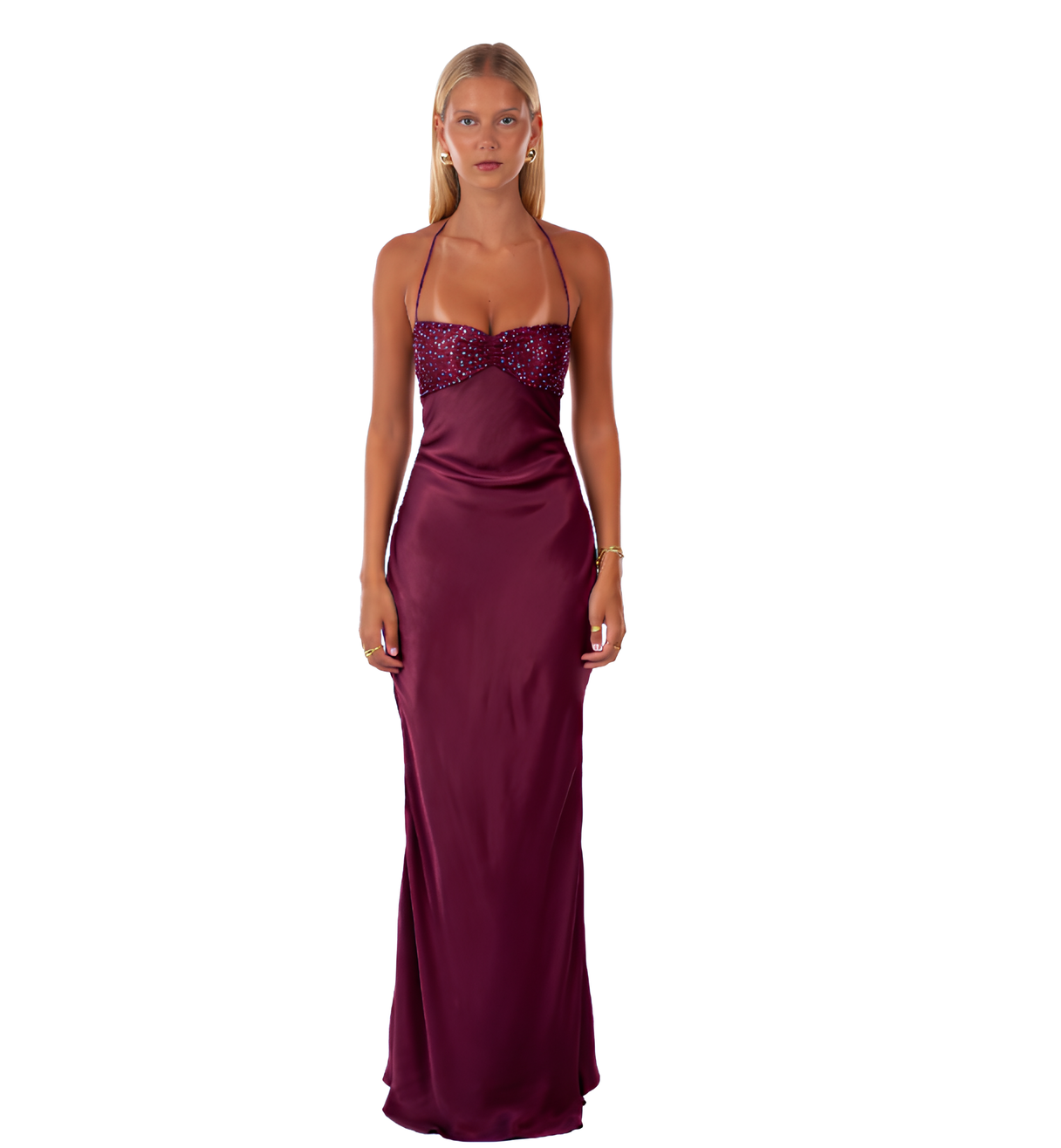 AUREVA | Long Satin Gown Jewel Details