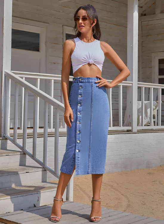 AUREVA | Button-Front Denim Midi Skirt