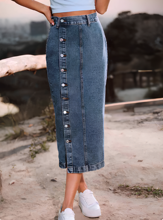 AUREVA | Button-Front Denim Midi Skirt