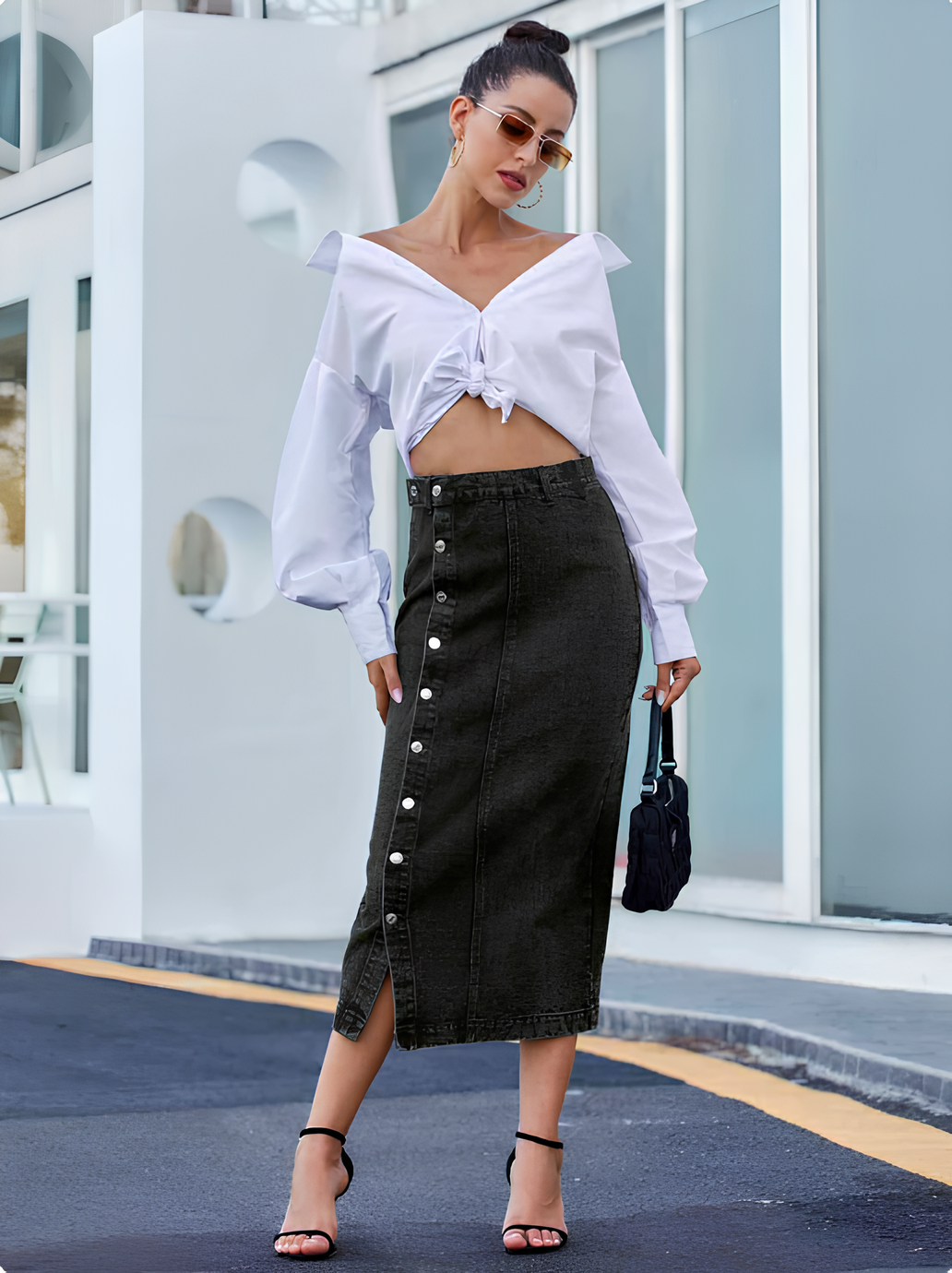 AUREVA | Button-Front Denim Midi Skirt