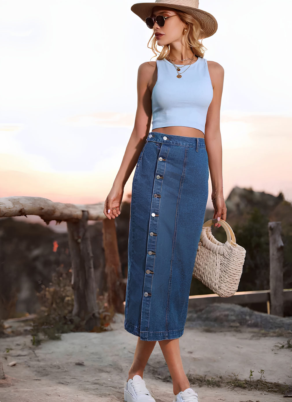 AUREVA | Button-Front Denim Midi Skirt