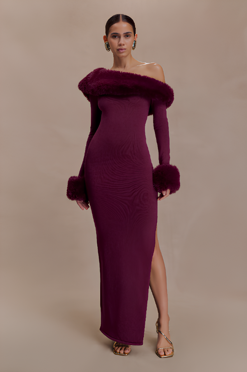 AUREVA | Elegant Maxi Dress With Faux Fur Details