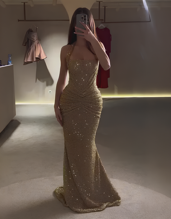 AUREVA | Gold Sequin Mermaid Maxi Dress