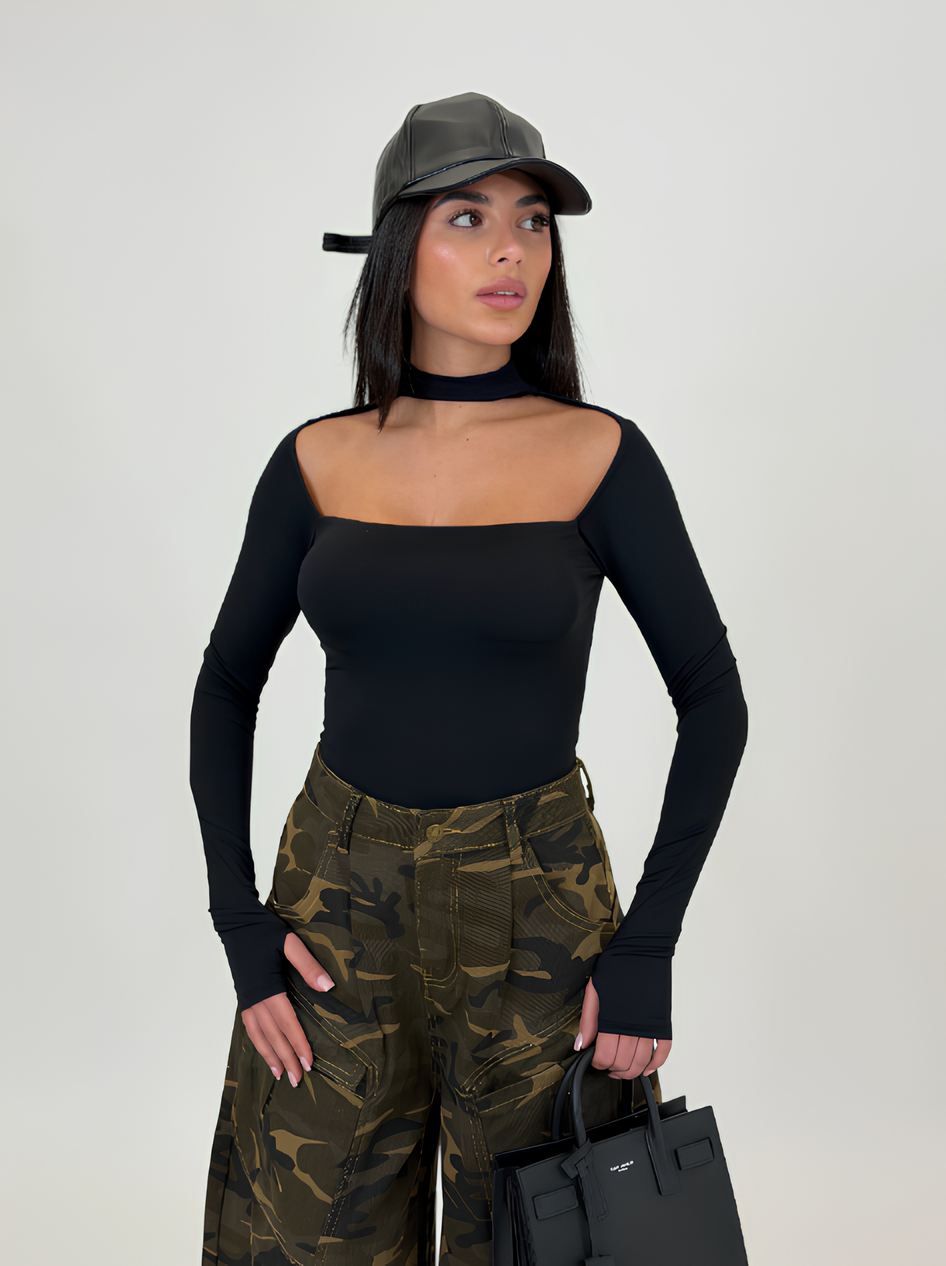 AUREVA | Cold-Shoulder Top With Choker Neck