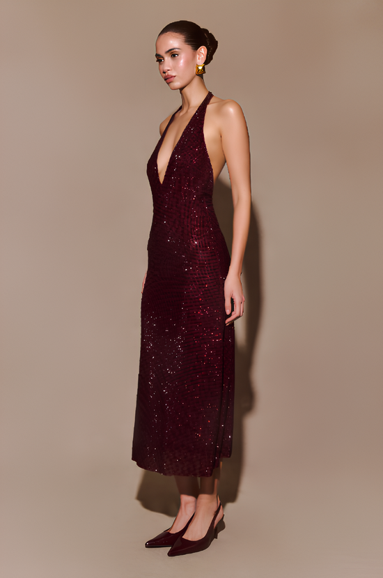 AUREVA | Burgundy Sequin Halter Dress