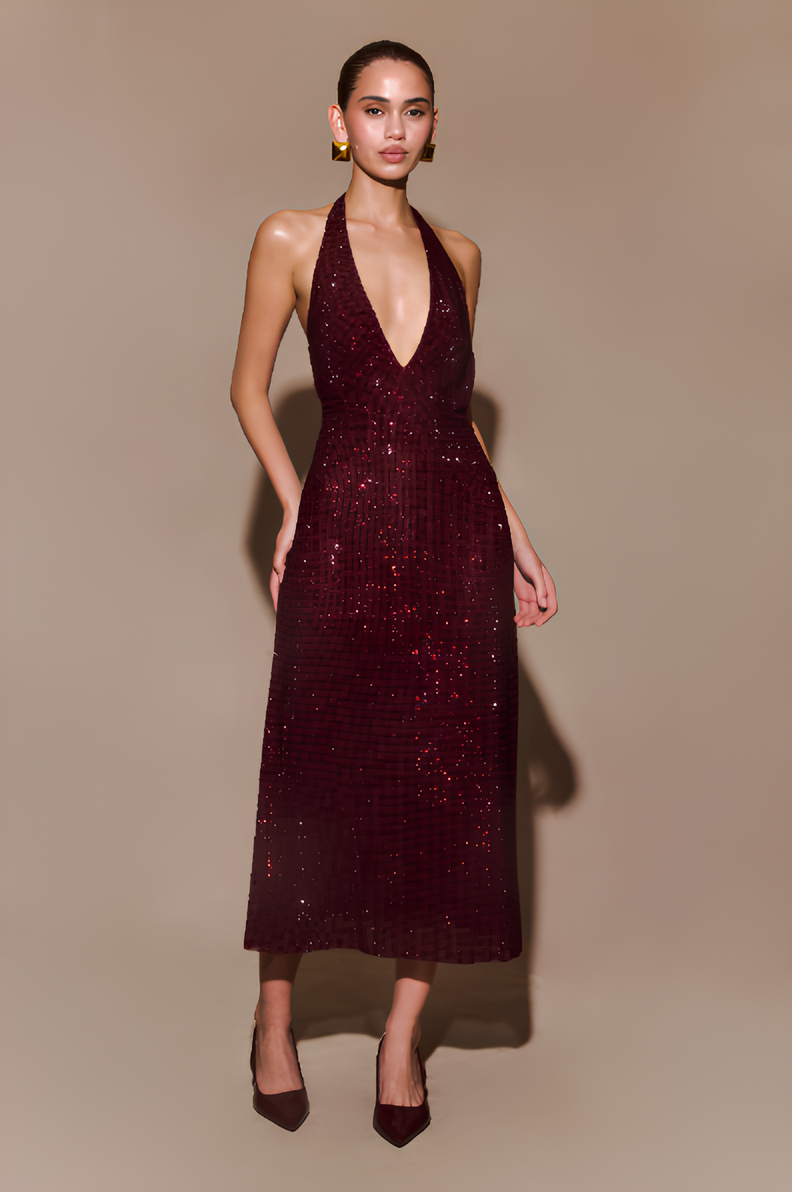 AUREVA | Burgundy Sequin Halter Dress