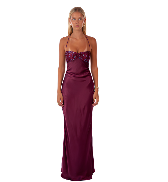 AUREVA | Long Satin Gown Jewel Details