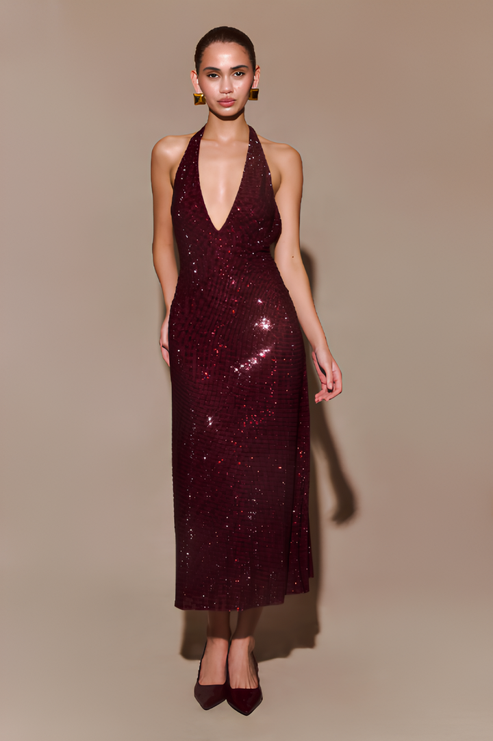 AUREVA | Burgundy Sequin Halter Dress