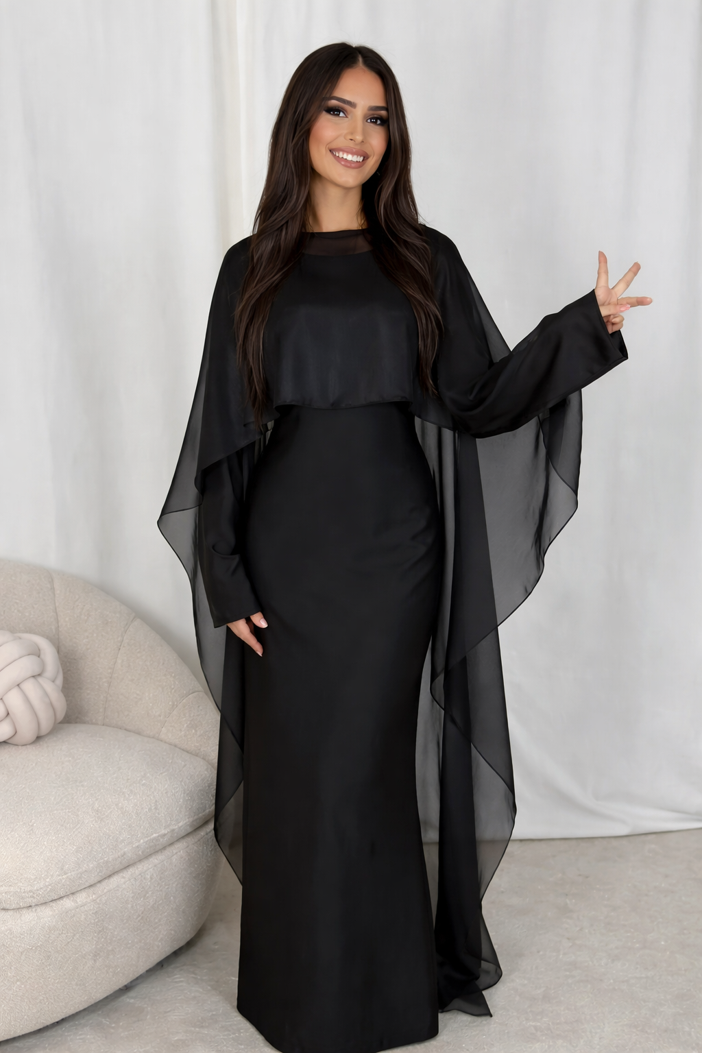 AUREVA | Black Flowing Cape Gown