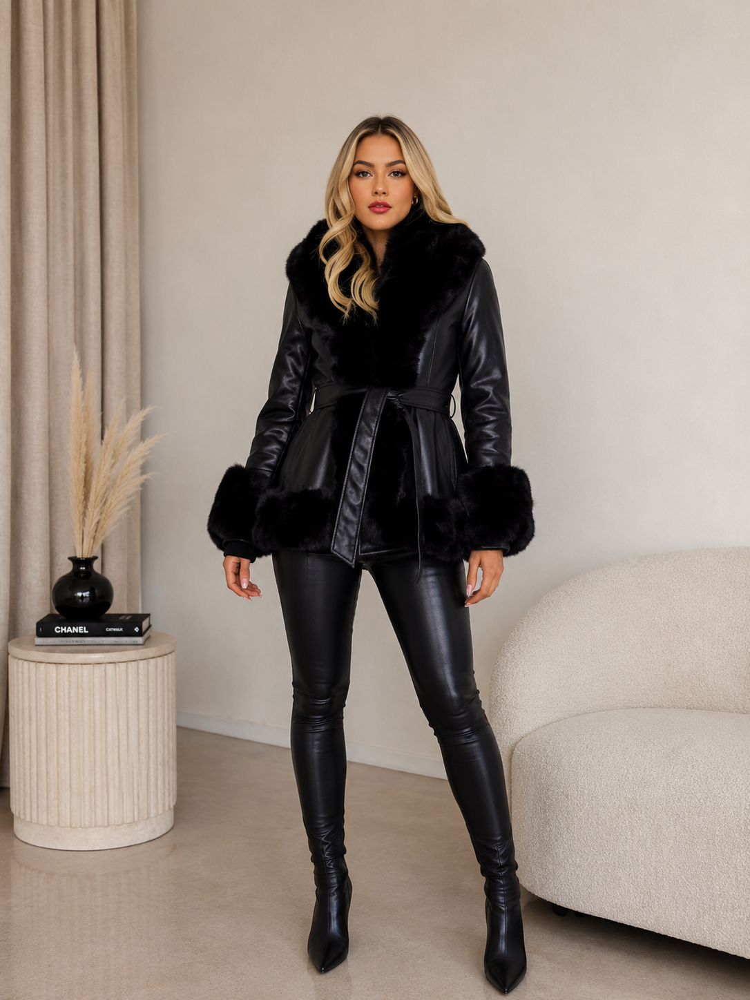 AUREVA | Fur-Lined Belted Luxe Coat
