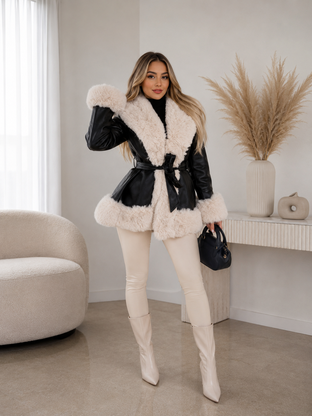 AUREVA | Fur-Lined Belted Luxe Coat